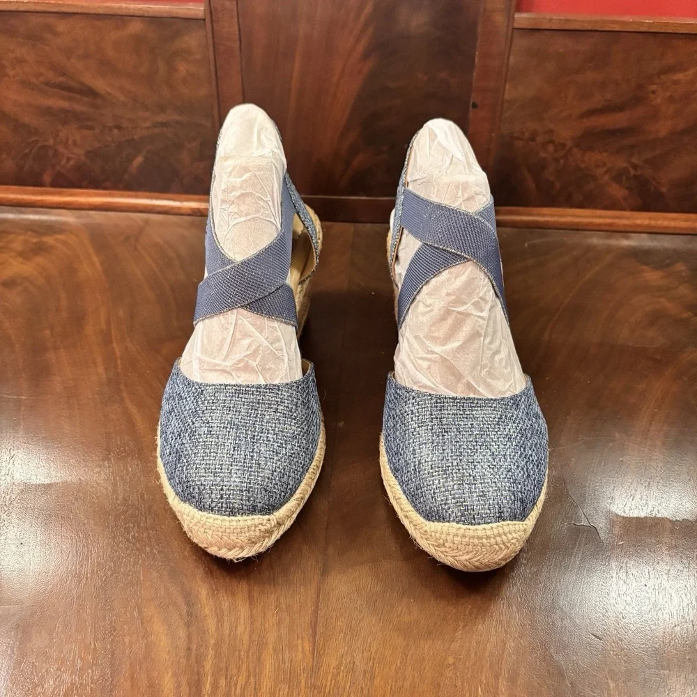 Easy‎ Spirit Meza2 Wedge Espadrille Sandals Blue Size 9M Elastic Strappy Comfort